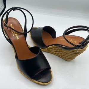 Saint Laurent Leather and Raffia Wedges